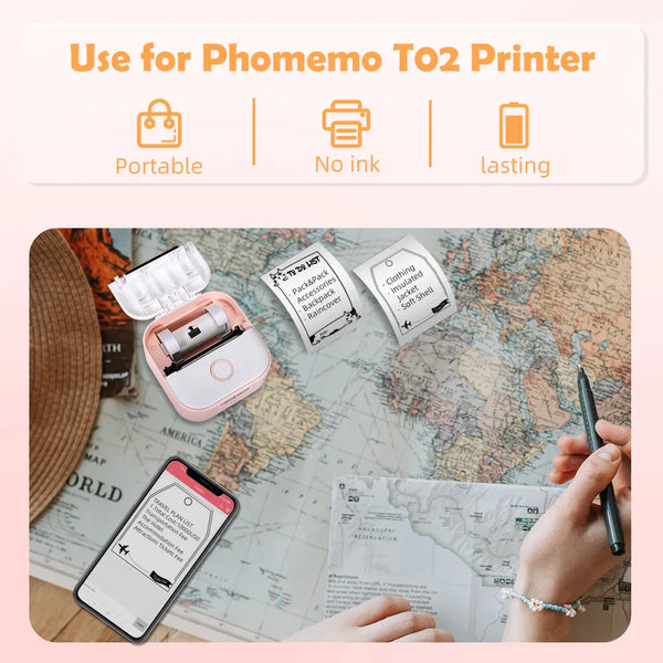 Phomemo T02 Mini Printer - Self-Adhesive Labels - Suitable for DIY Photos, Texts, Study Notes - 50/53 mm