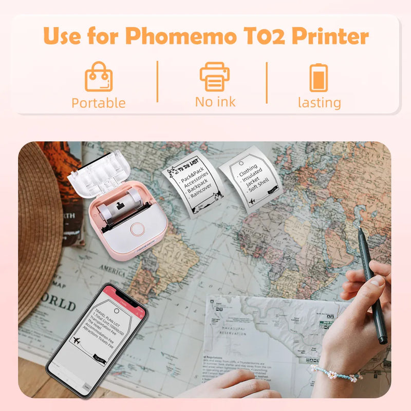 Phomemo T02 Mini Printer - Self-Adhesive Labels - Suitable for DIY Photos, Texts, Study Notes - 50/53 mm